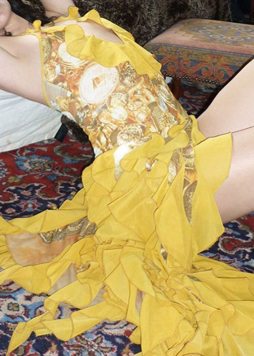 Sexy Yellow Lace Up Ruffled Print Cotton Dress Sleeveless