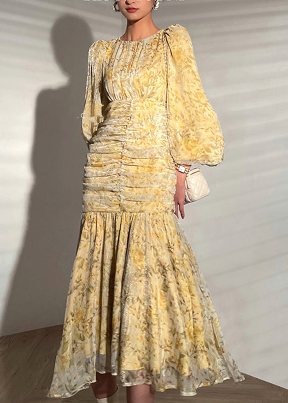 Sexy Yellow O-Neck Zippered Print Wrinkled Maxi Dress Long Sleeve