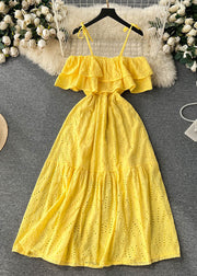 Sexy Yellow Slash Neck Hollow Out Cotton Spaghetti Strap Dress Sleeveless