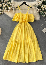 Sexy Yellow Slash Neck Hollow Out Cotton Spaghetti Strap Dress Sleeveless