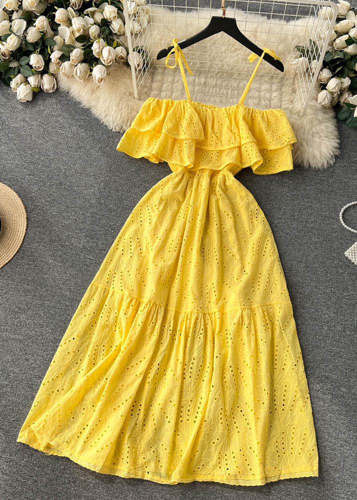 Sexy Yellow Slash Neck Hollow Out Cotton Spaghetti Strap Dress Sleeveless