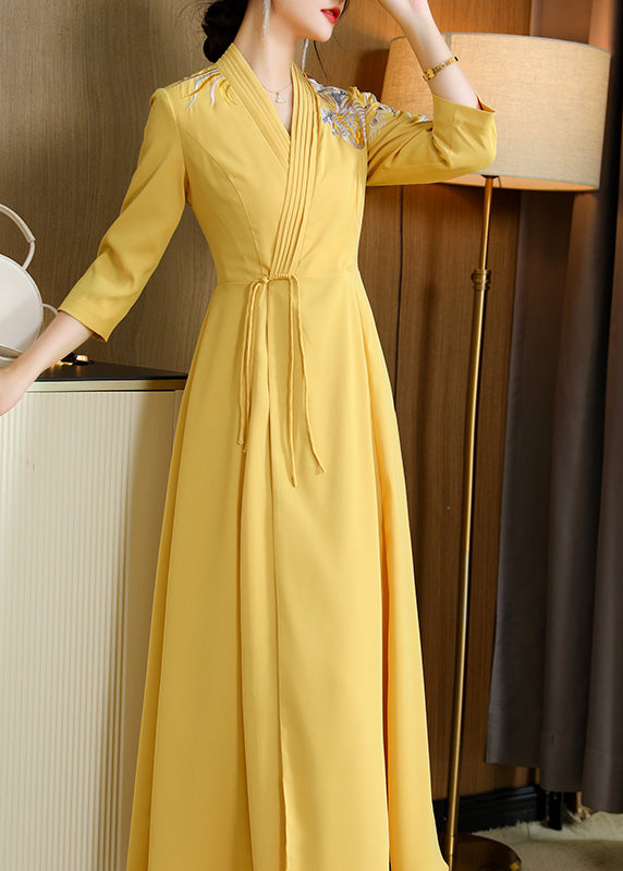 Sexy Yellow V Neck Embroideried Drawstring Satin Long Dresses Fall