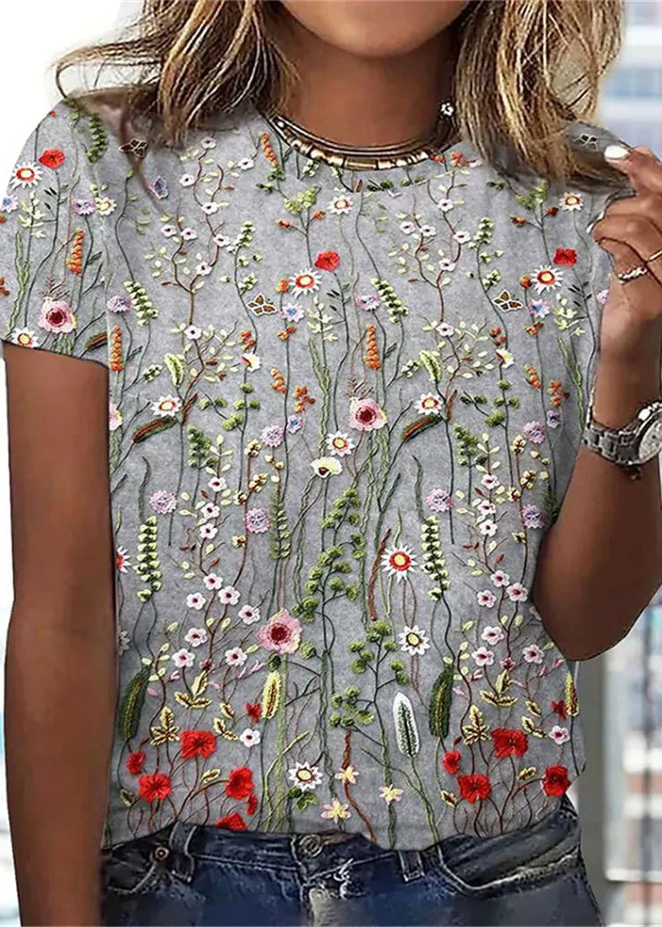 Short Sleeve T Neck Casual Flower Loose T Shirt Women Grey