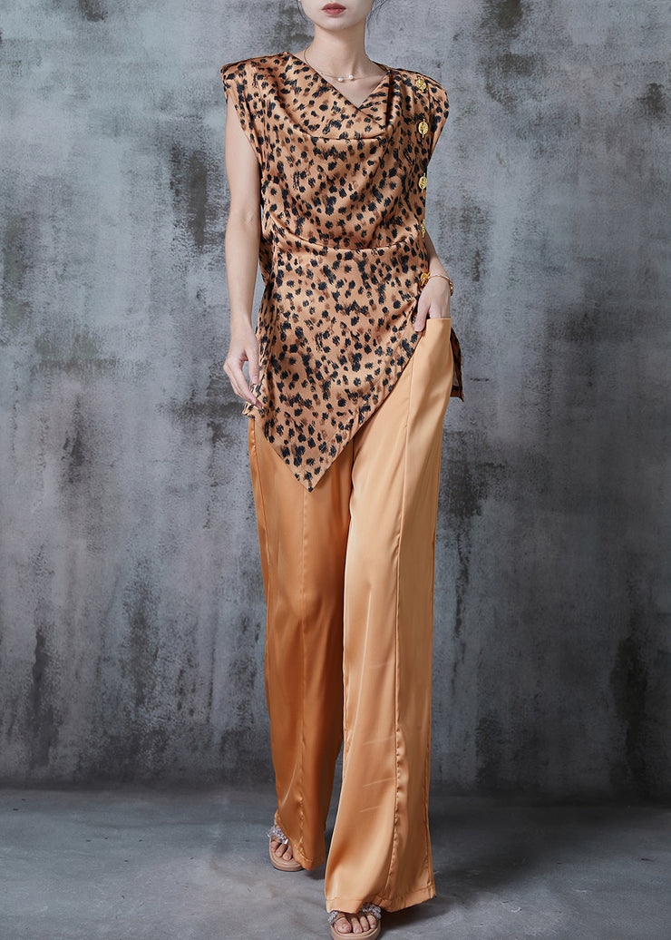 Silm Fit Asymmetrical Leopard Print Silk Two Pieces Set Summer