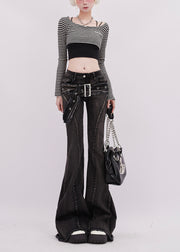 Silm Fit Black Asymmetrical Denim Bell-bottom Trousers Spring