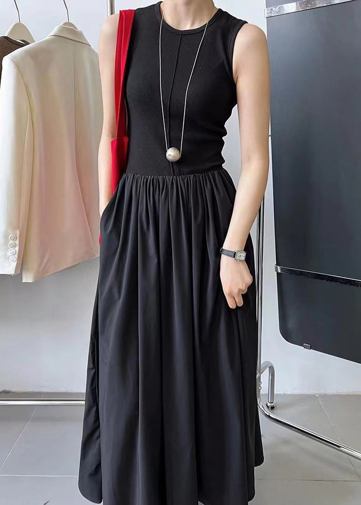 Silm Fit Black Patchwork Cotton Long Dress Sleeveless