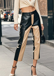 Silm Fit Black Patchwork Faux Leather Crop Pants Spring