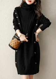 Silm Fit Black Turtle Neck Sequins Button Knit Dress Winter