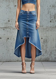 Silm Fit Blue Asymmetrical Design Denim Skirts Fall