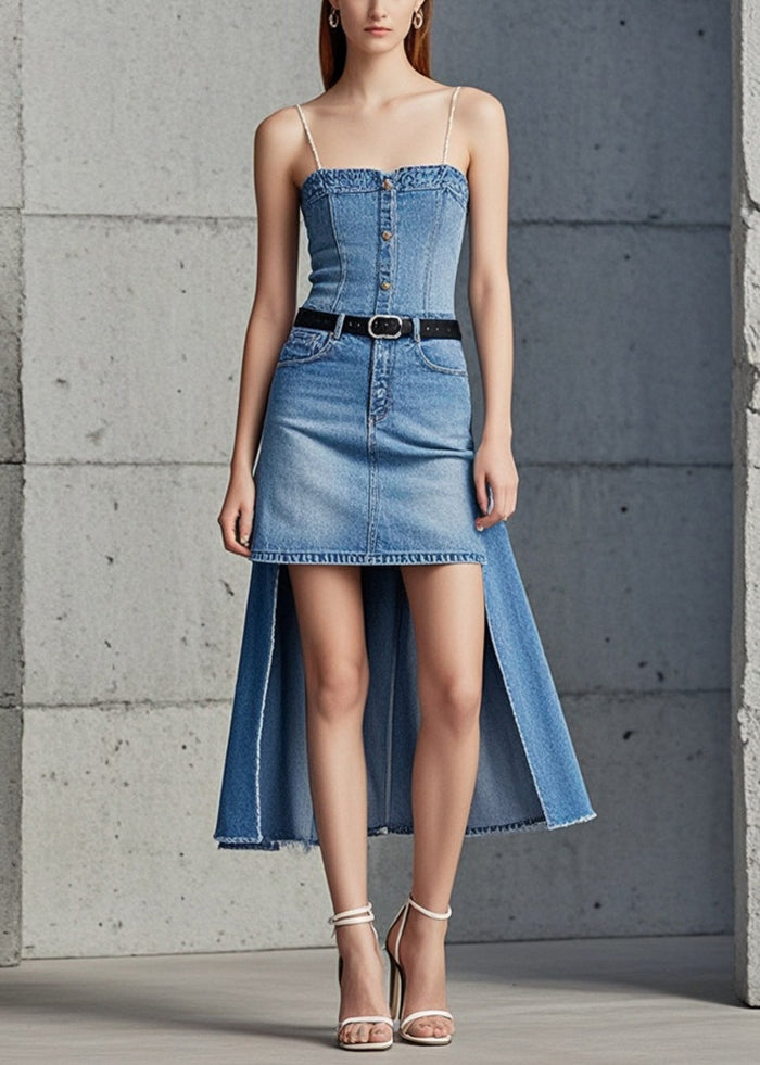 Silm Fit Blue Asymmetrical Low High Design Denim Sundress Summer