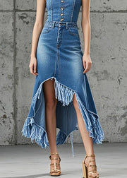 Silm Fit Blue Asymmetrical Tasseled Denim Vacation Skirt Fall