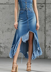 Silm Fit Blue Asymmetrical Tasseled Denim Vacation Skirt Spring