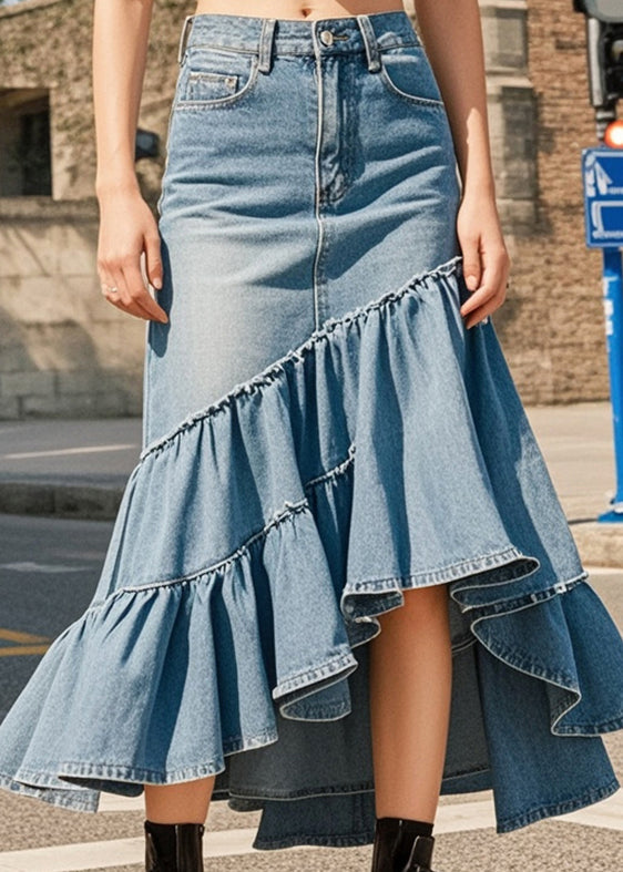 Silm Fit Blue High Waist Patchwork Ruffles Denim Wraped Skirts Spring