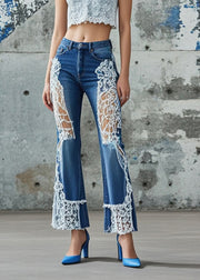 Silm Fit Blue Hollow Out Patchwork Lace Denim Pants Fall