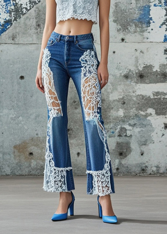 Silm Fit Blue Hollow Out Patchwork Lace Denim Pants Spring