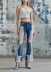 Silm Fit Blue Hollow Out Patchwork Lace Denim Pants Spring