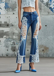 Silm Fit Blue Hollow Out Patchwork Lace Denim Pants Fall