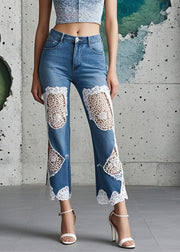 Silm Fit Blue Patchwork Denim Crop Pants Hollow Out Fall