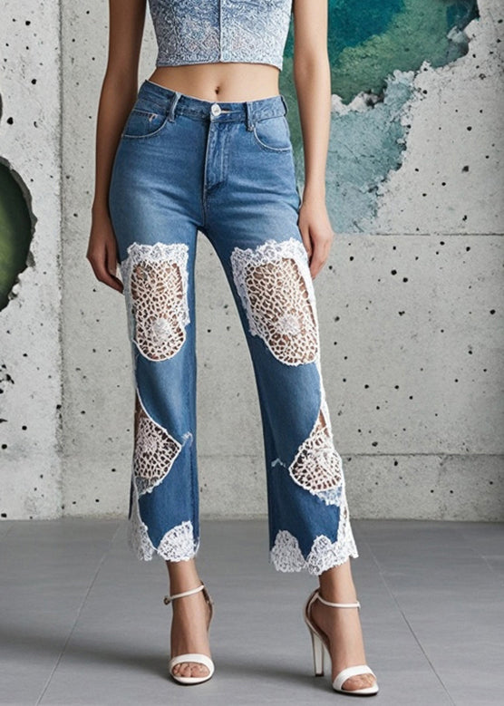 Silm Fit Blue Patchwork Denim Crop Pants Hollow Out Spring