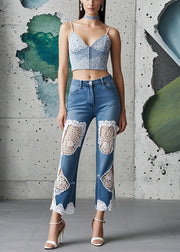 Silm Fit Blue Patchwork Denim Crop Pants Hollow Out Spring