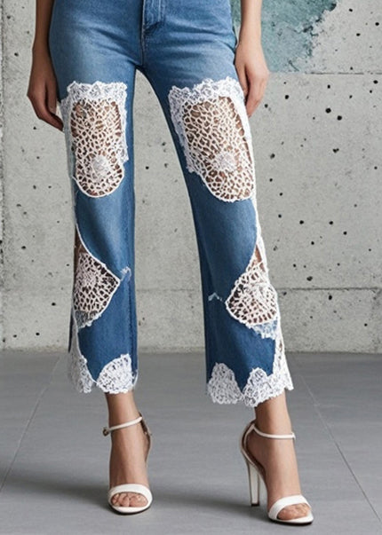 Silm Fit Blue Patchwork Denim Crop Pants Hollow Out Spring