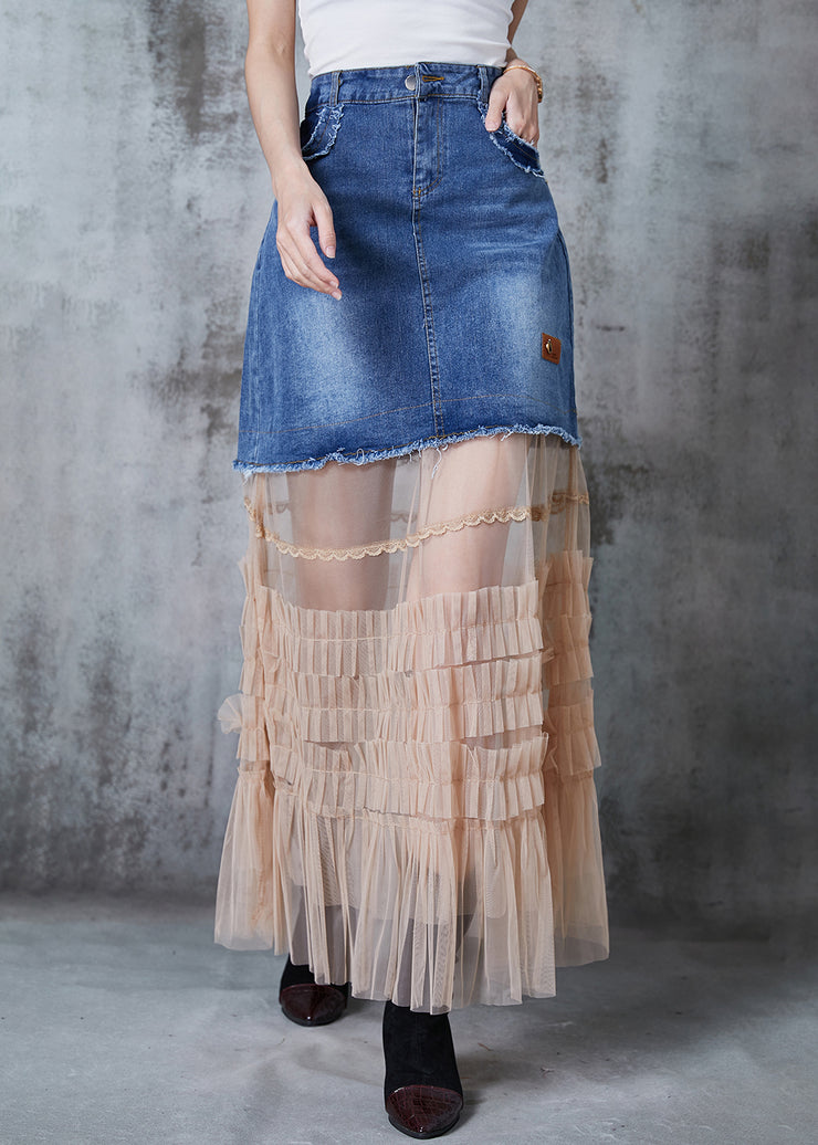 Silm Fit Blue Patchwork Tulle Denim Holiday Skirt Summer