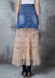 Silm Fit Blue Patchwork Tulle Denim Holiday Skirt Summer