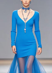 Silm Fit Blue Patchwork Tulle Knitted Dress V Neck Fall