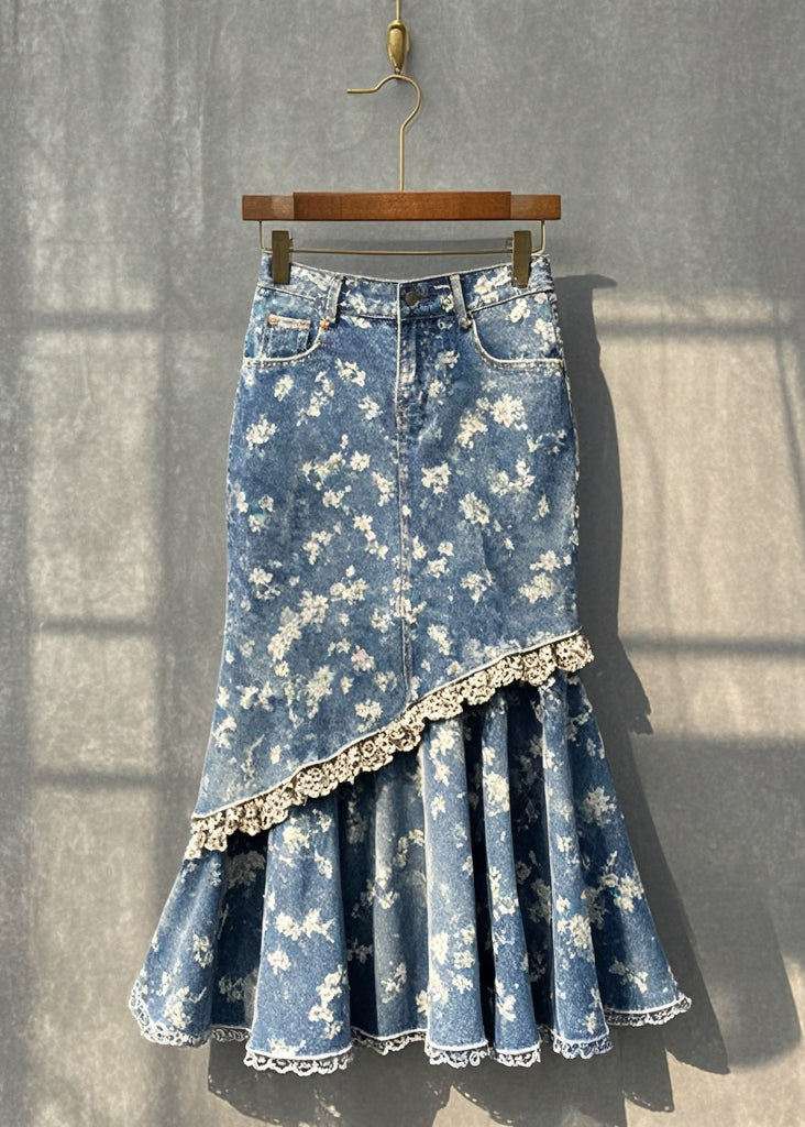 Silm Fit Blue Print Patchwork Denim Wraped Skirt Fall