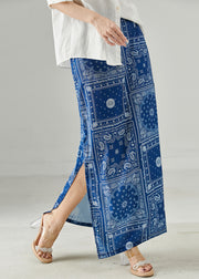 Silm Fit Blue Print Side Open Linen Skirts Summer