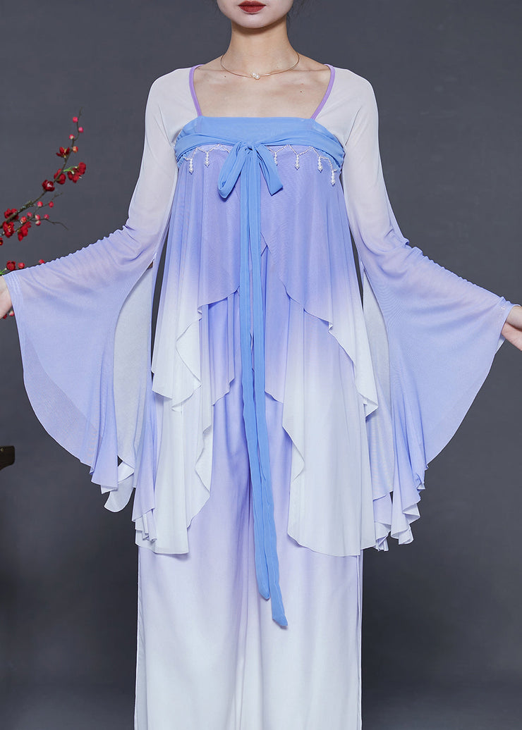 Silm Fit Blue Tasseled Gradient Color Chiffon Top Flare Sleeve