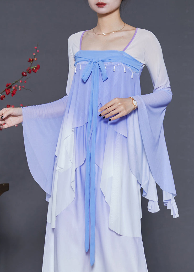 Silm Fit Blue Tasseled Gradient Color Chiffon Top Flare Sleeve