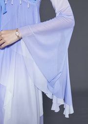 Silm Fit Blue Tasseled Gradient Color Chiffon Top Flare Sleeve