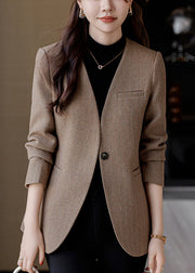 Silm Fit Brown V Neck Woolen Jacket Spring