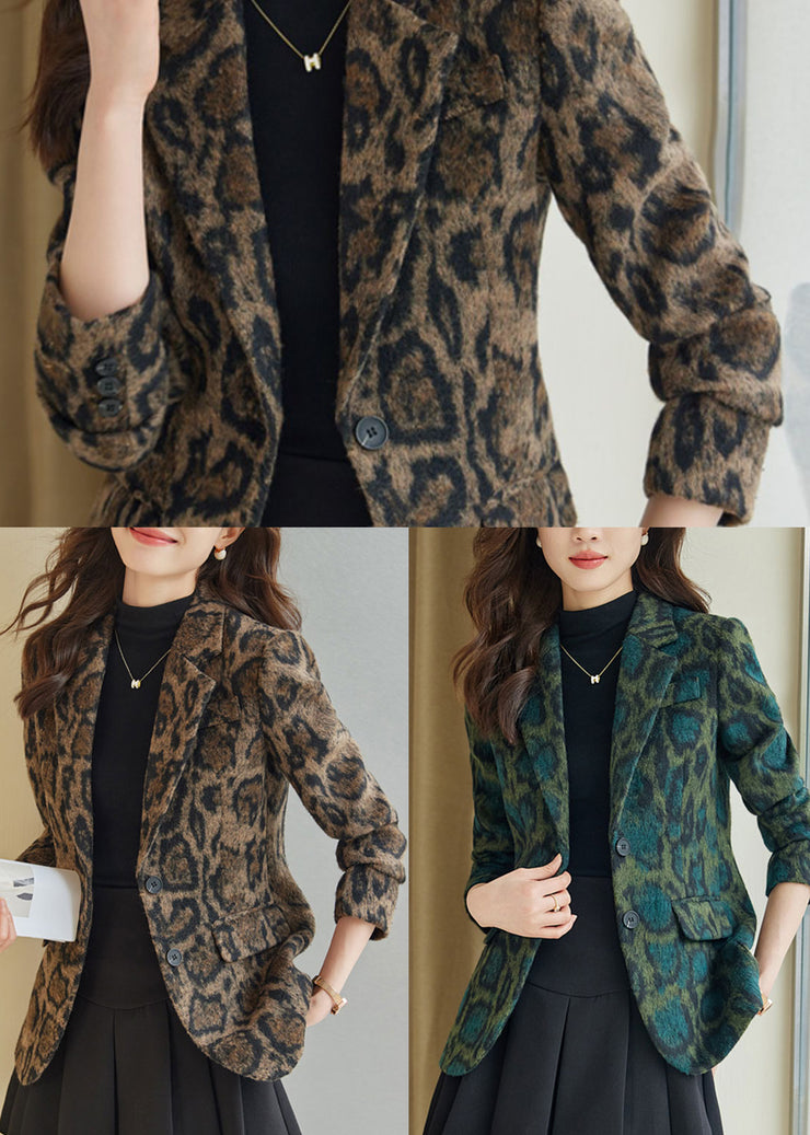 Silm Fit Coffee Leopard Print Woolen Coats Spring