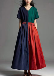 Silm Fit Colorblock V Neck Patchwork Cotton Vacation Dresses Summer