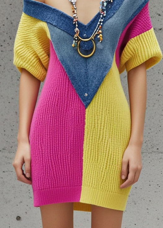 Silm Fit Colorblock V Neck Patchwork Denim Knitted Dress Fall