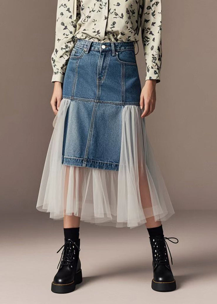 Silm Fit Denim Blue Patchwork Tulle Wraped Skirts Spring