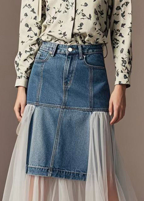 Silm Fit Denim Blue Patchwork Tulle Wraped Skirts Spring