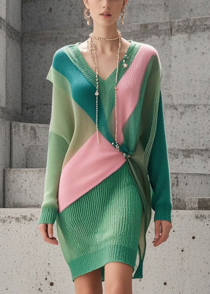 Silm Fit Green Asymmetrical Patchwork Knitwear Dress Fall