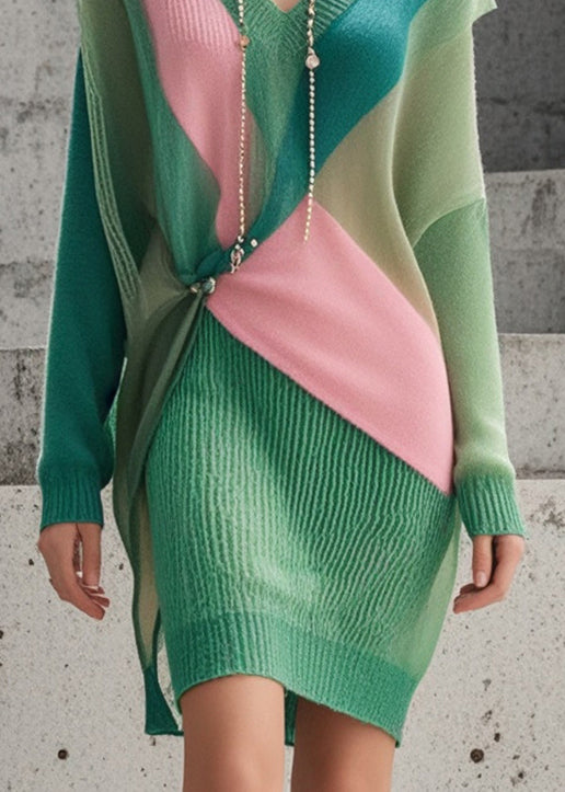 Silm Fit Green Asymmetrical Patchwork Knitwear Dress Fall