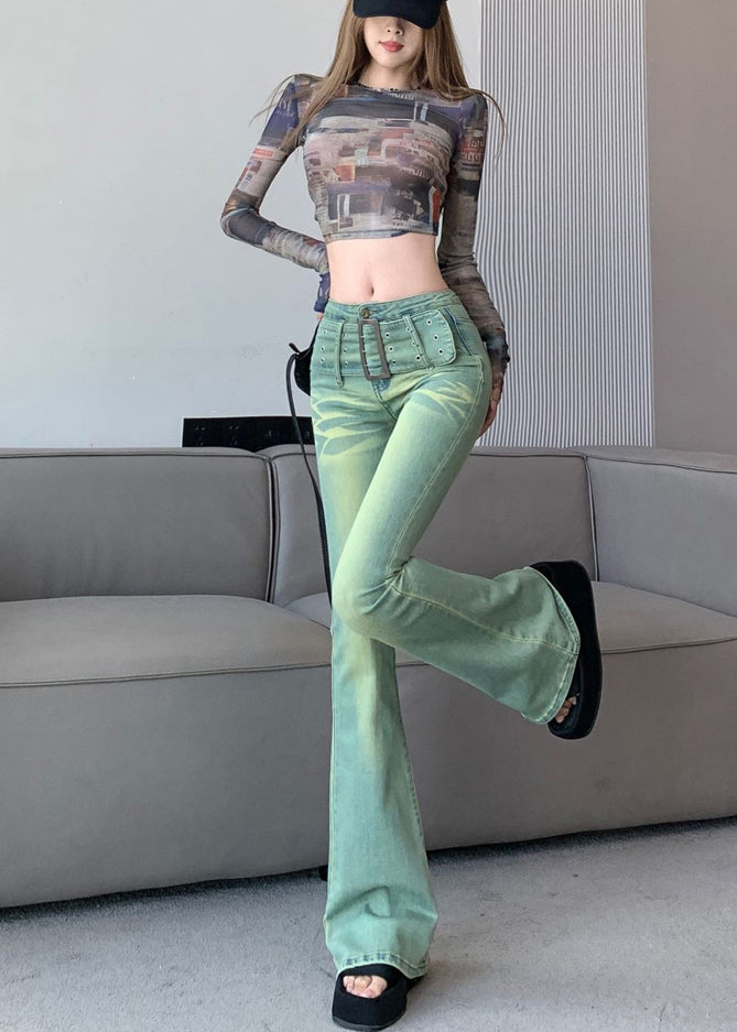 Silm Fit Green High Waist Denim Bell-bottom Trousers Spring