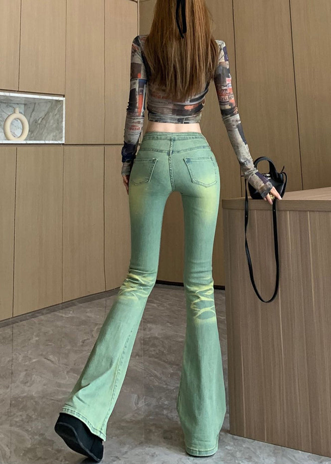 Silm Fit Green High Waist Denim Bell-bottom Trousers Spring