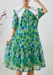 Silm Fit Green Peter Pan Collar Print Chiffon Long Dress Summer