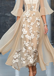 Silm Fit Khaki Plum Blossom Chiffon Long Dresses Flare Sleeve