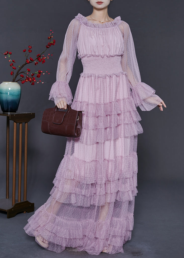 Silm Fit Lavender Elastic Waist Patchwork Tulle Maxi Dresses Fall