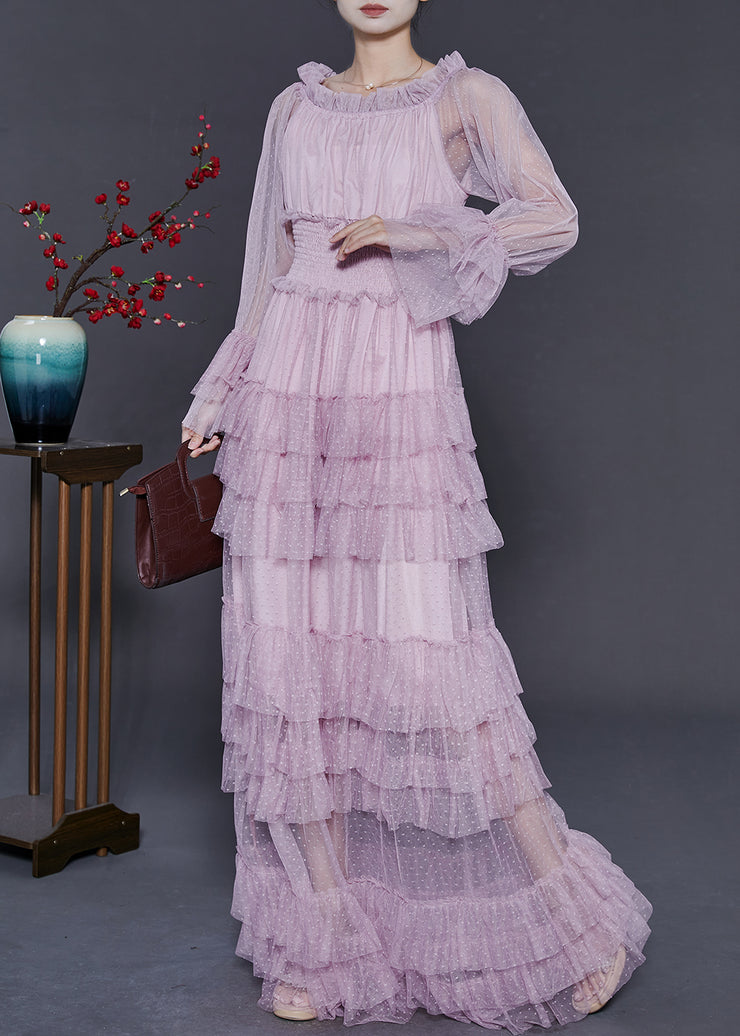 Silm Fit Lavender Elastic Waist Patchwork Tulle Maxi Dresses Spring