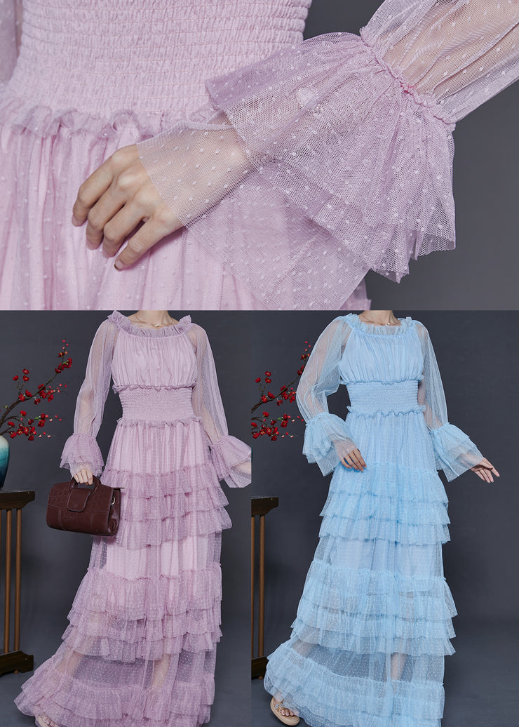 Silm Fit Lavender Elastic Waist Patchwork Tulle Maxi Dresses Spring