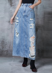 Silm Fit Light Blue High Waist Denim Ripped Skirt Summer