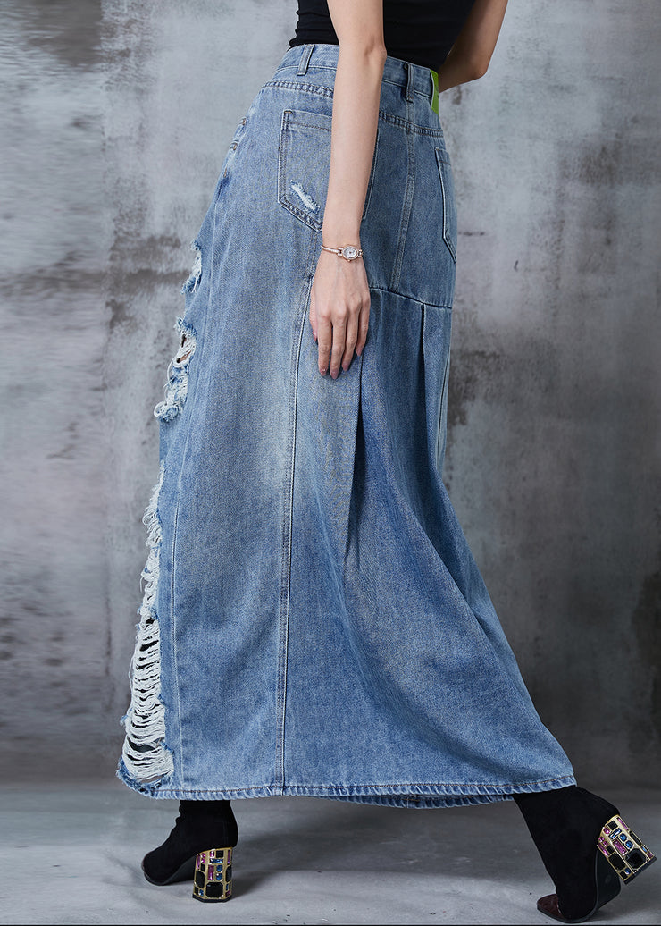 Silm Fit Light Blue High Waist Denim Ripped Skirt Summer